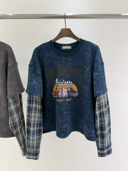 10B203 格紋袖水洗色假兩件上衣