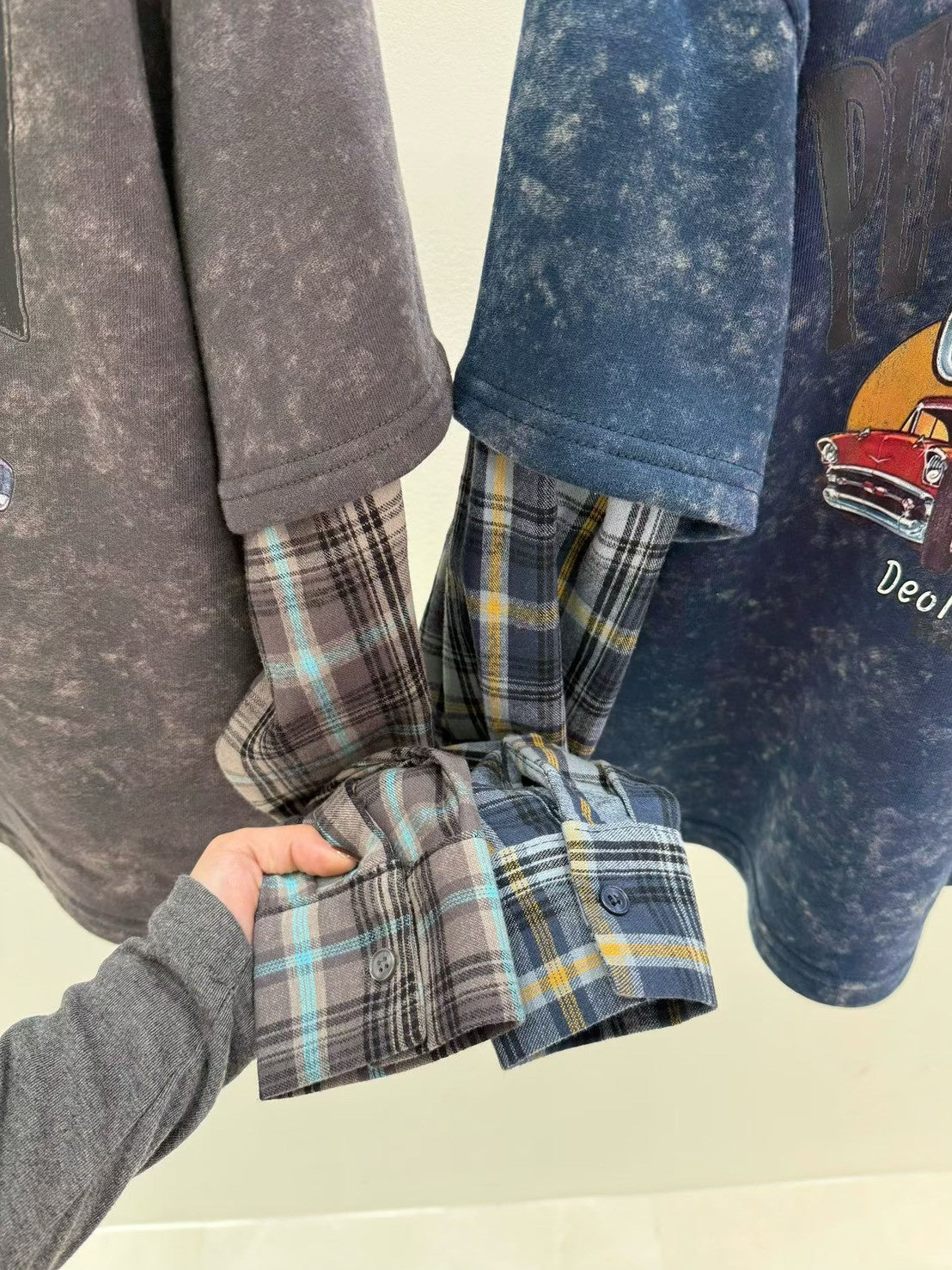 10B203 格紋袖水洗色假兩件上衣