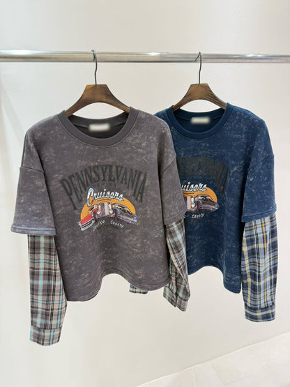 10B203 格紋袖水洗色假兩件上衣