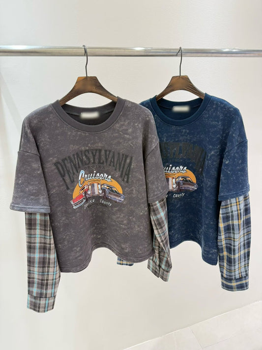 10B203 格紋袖水洗色假兩件上衣