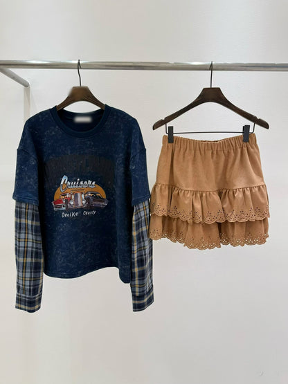 10B203 格紋袖水洗色假兩件上衣