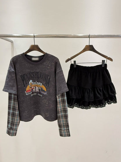 10B203 格紋袖水洗色假兩件上衣