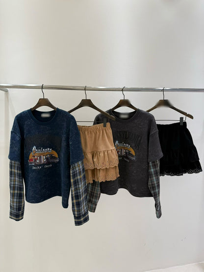 10B203 格紋袖水洗色假兩件上衣