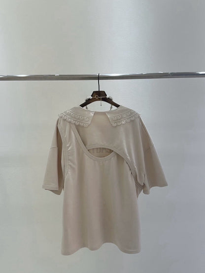 10B201 蕾絲領貓咪後簍空短袖T