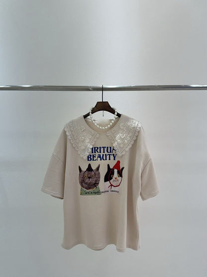 10B201 蕾絲領貓咪後簍空短袖T