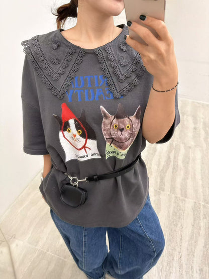 10B201 蕾絲領貓咪後簍空短袖T