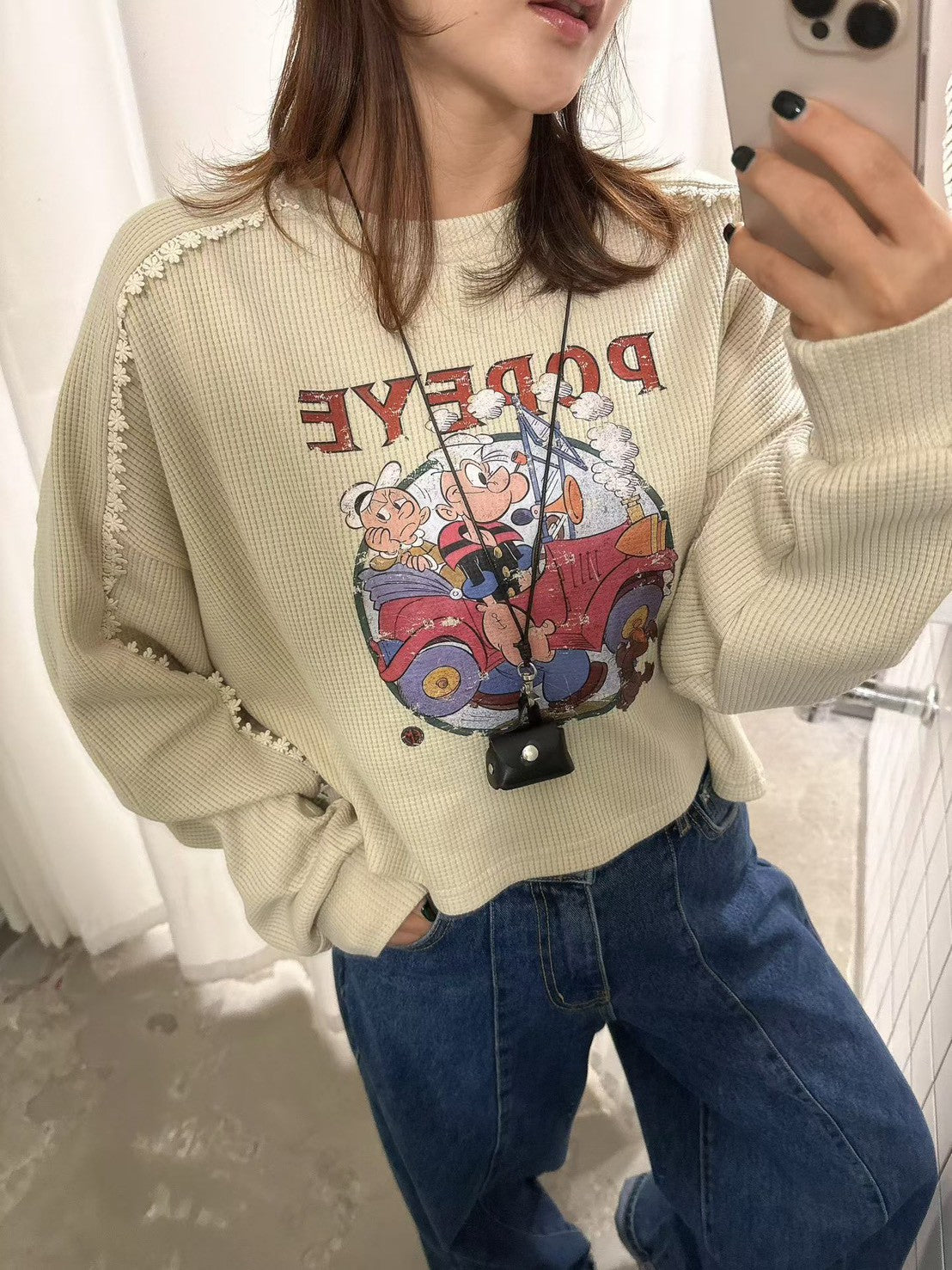 10B204 袖蕾絲鬆餅格紋普派長袖上衣