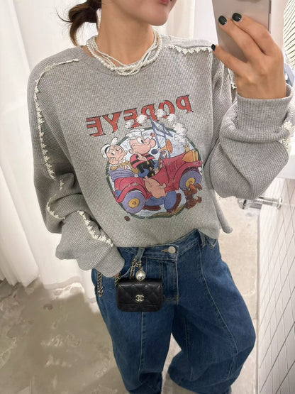 10B204 袖蕾絲鬆餅格紋普派長袖上衣