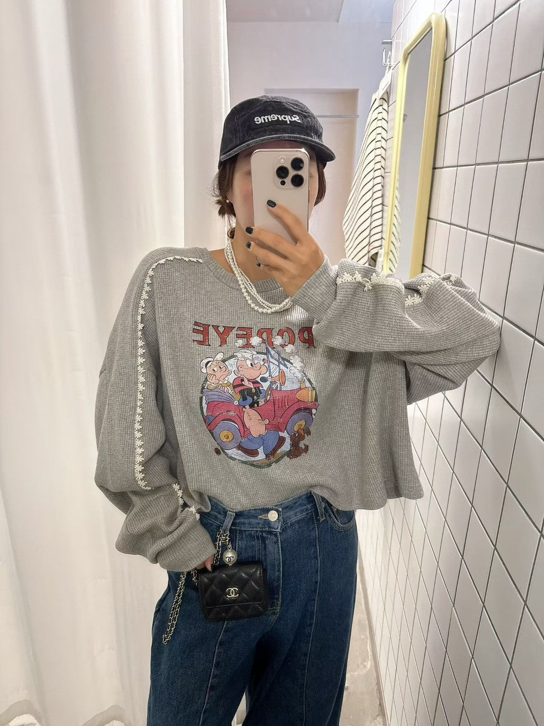 10B204 袖蕾絲鬆餅格紋普派長袖上衣