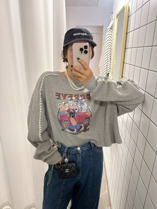 10B204 袖蕾絲鬆餅格紋普派長袖上衣