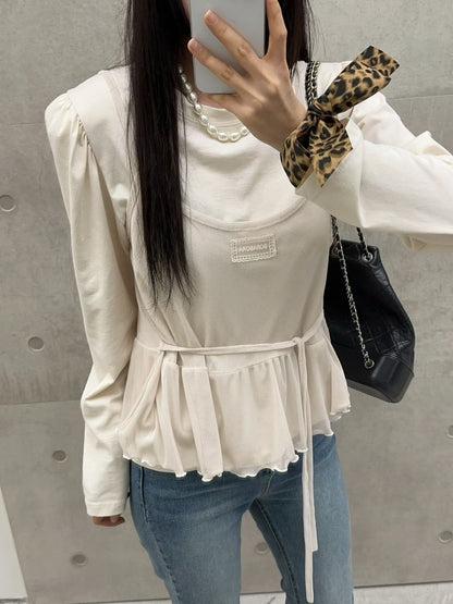 10B206 花苞袖棉T+標籤網紗細帶背心