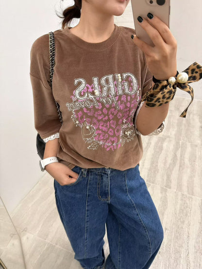 10B207 GIRLS粉紅豹紋絨面短袖上衣