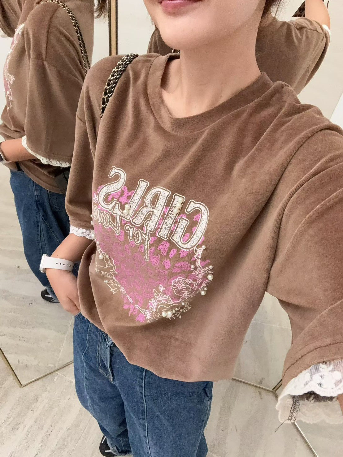 10B207 GIRLS粉紅豹紋絨面短袖上衣