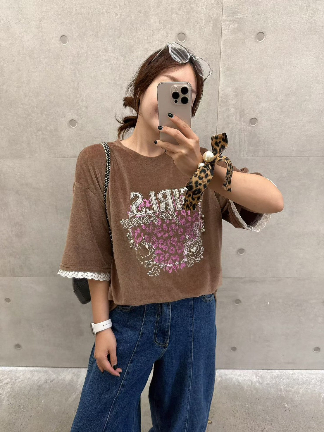 10B207 GIRLS粉紅豹紋絨面短袖上衣