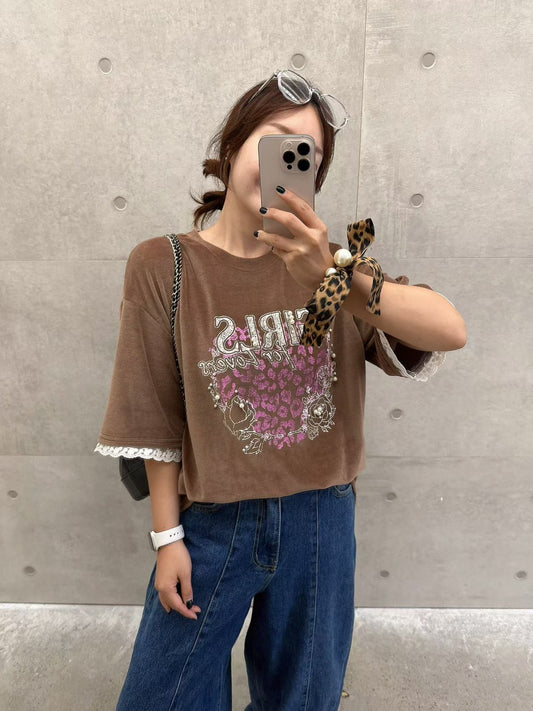 10B207 GIRLS粉紅豹紋絨面短袖上衣