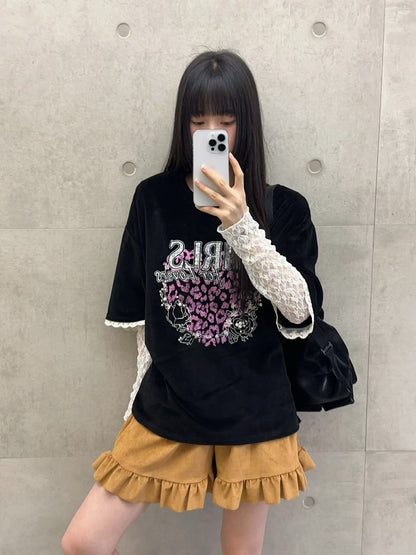 10B207 GIRLS粉紅豹紋絨面短袖上衣