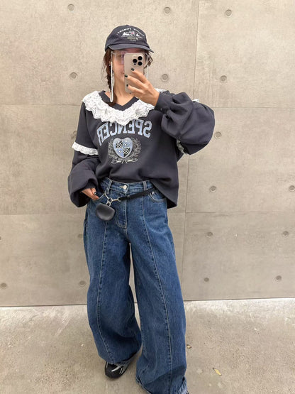 10B208 V領白色布蕾絲衛衣