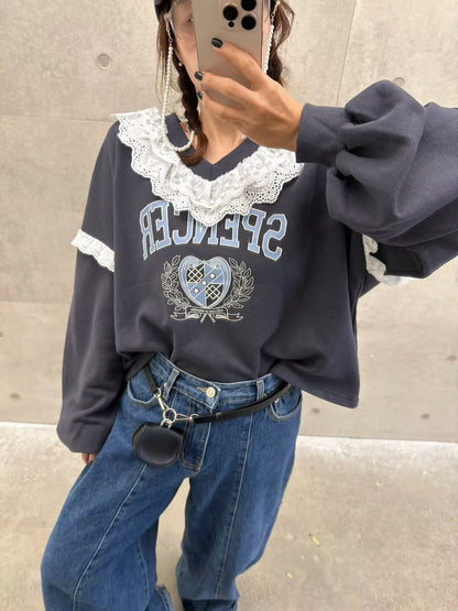 10B208 V領白色布蕾絲衛衣