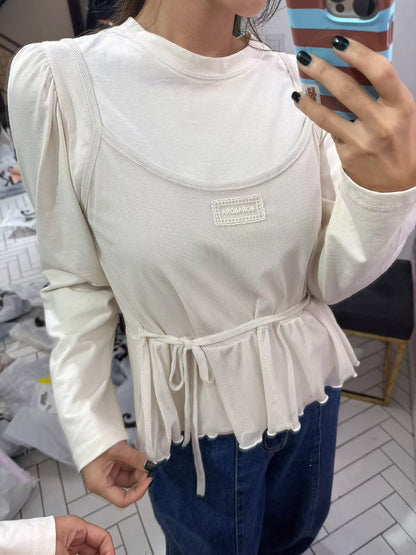 10B206 花苞袖棉T+標籤網紗細帶背心