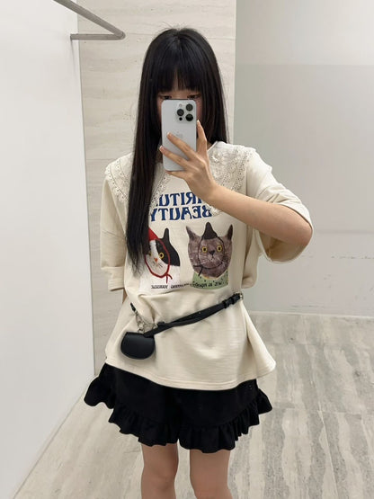 10B201 蕾絲領貓咪後簍空短袖T