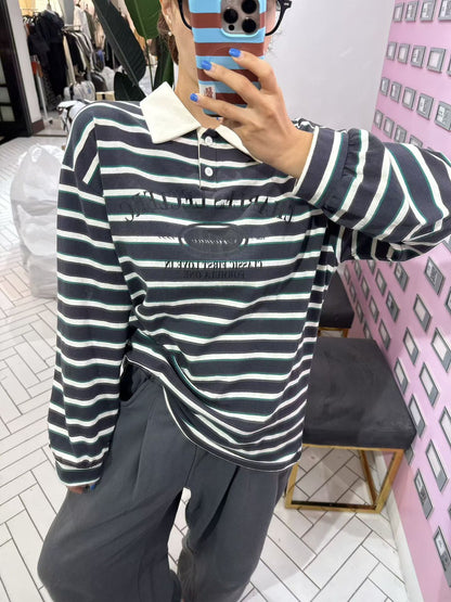 10B211 拚白領字母LOGO條紋長T