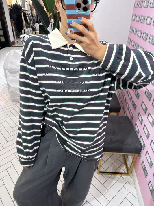 10B211 拚白領字母LOGO條紋長T