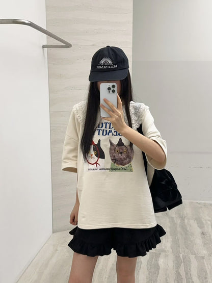 10B201 蕾絲領貓咪後簍空短袖T