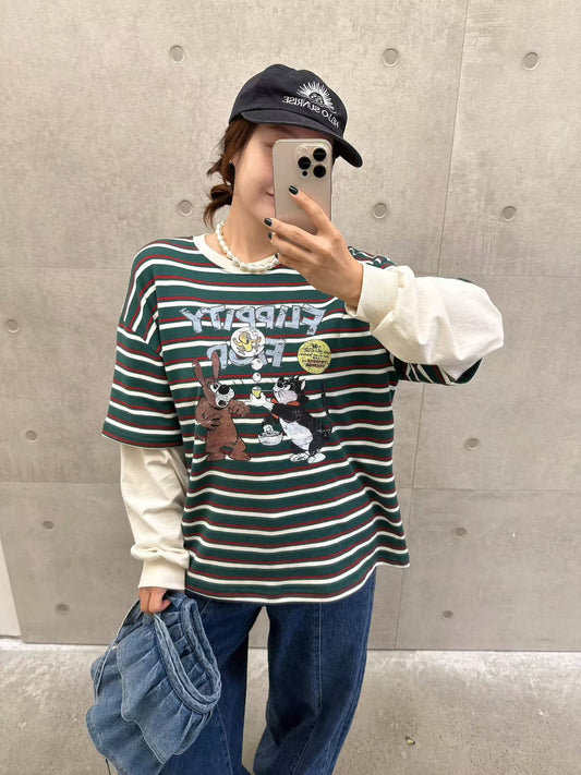 10B213 橫條短T假兩件上衣