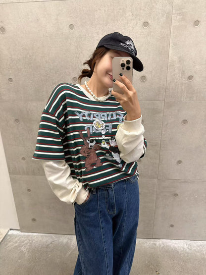 10B213 橫條短T假兩件上衣