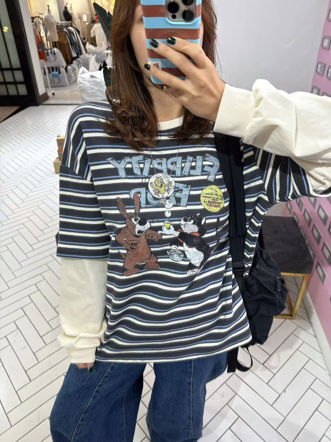 10B213 橫條短T假兩件上衣