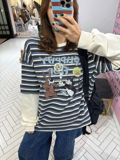 10B213 橫條短T假兩件上衣