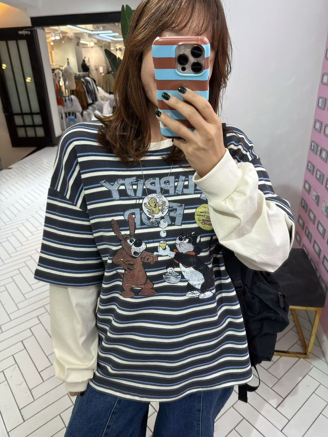 10B213 橫條短T假兩件上衣