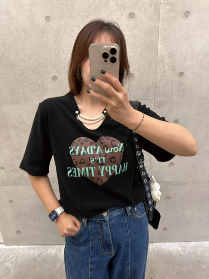 10B214 珍珠鍊領愛心厚棉短T