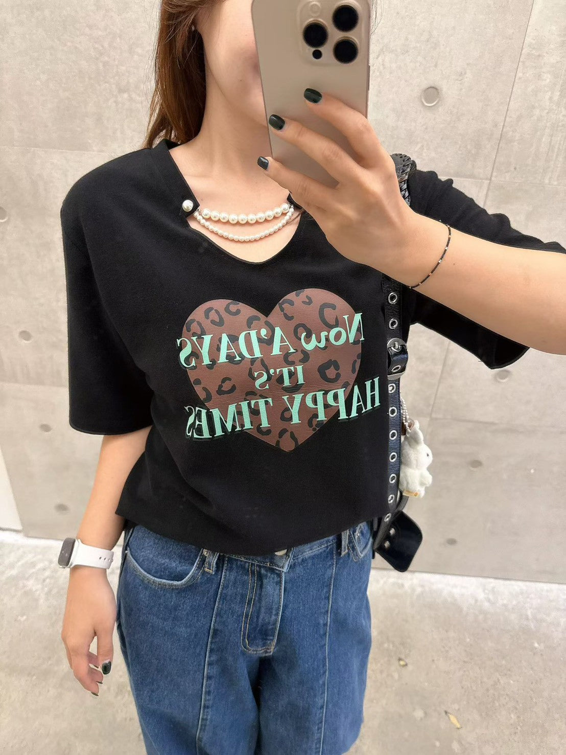 10B214 珍珠鍊領愛心厚棉短T