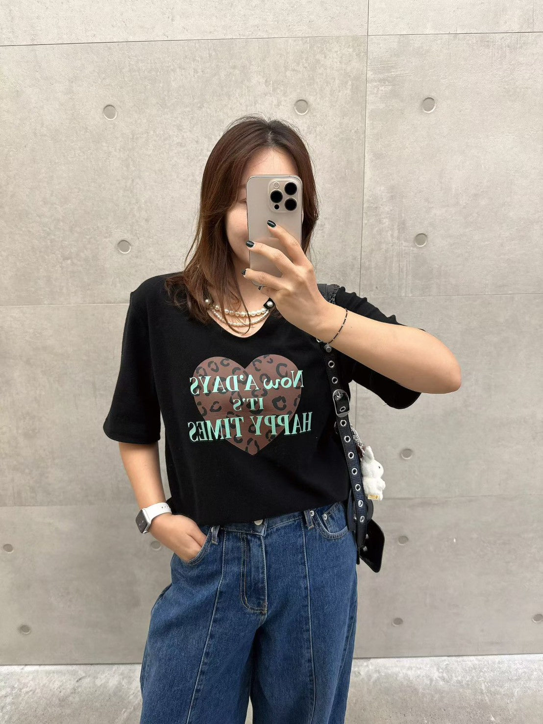 10B214 珍珠鍊領愛心厚棉短T