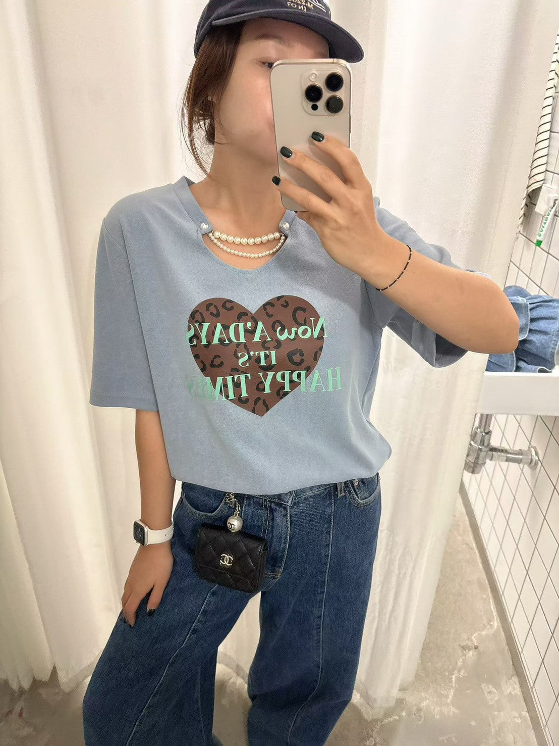 10B214 珍珠鍊領愛心厚棉短T