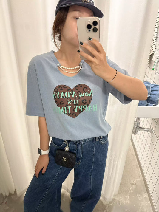 10B214 珍珠鍊領愛心厚棉短T