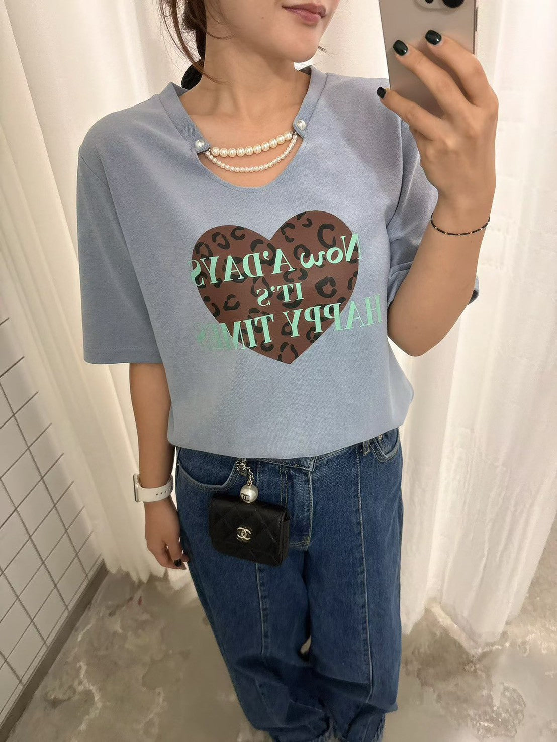 10B214 珍珠鍊領愛心厚棉短T