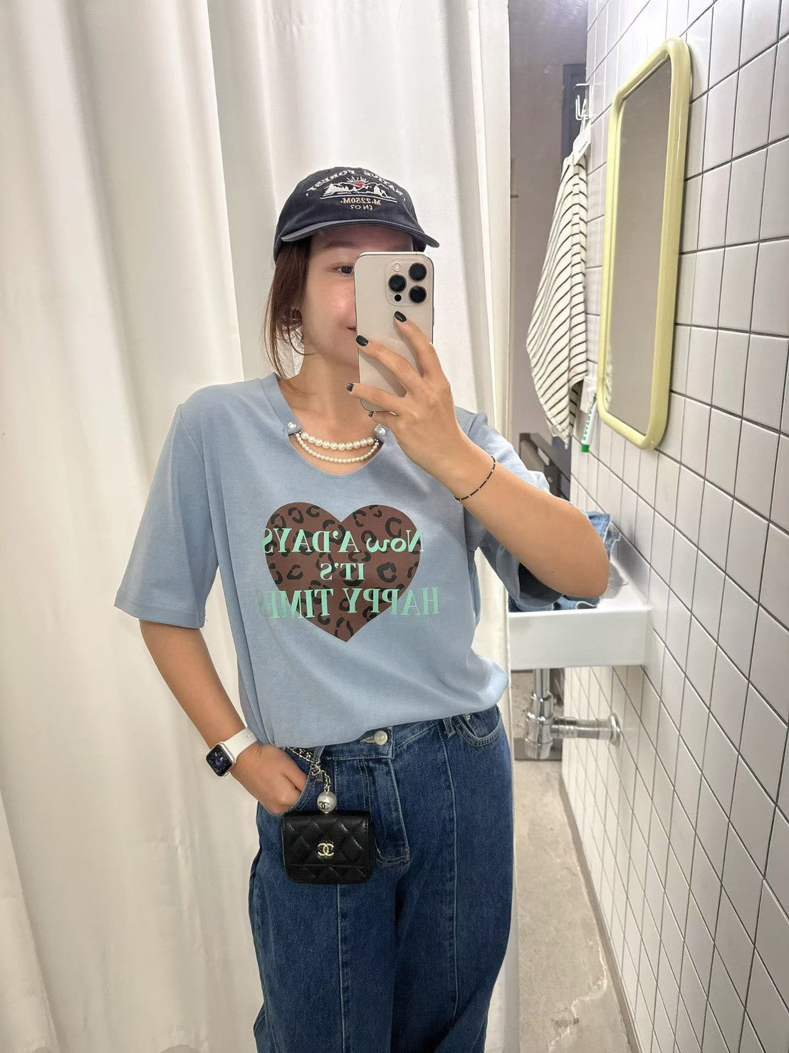 10B214 珍珠鍊領愛心厚棉短T