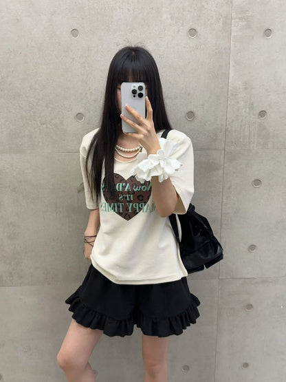 10B214 珍珠鍊領愛心厚棉短T