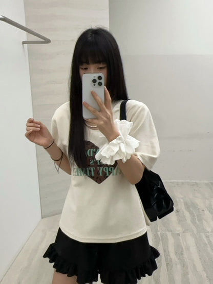 10B214 珍珠鍊領愛心厚棉短T