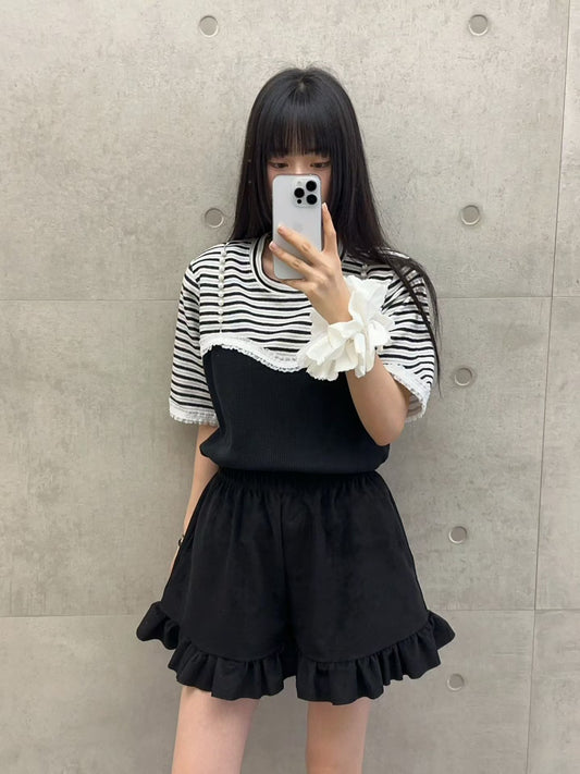 10B215 橫條珍珠肩帶異材質馬甲上衣