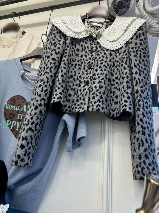 10B218 蕾絲大圓領豹紋針織外套