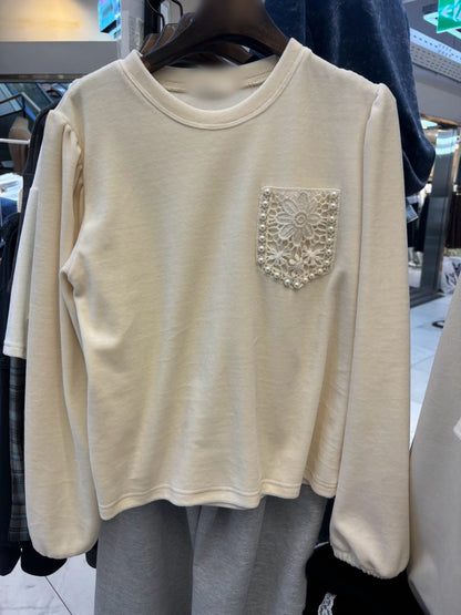 10B209 絨面蕾絲口袋長袖上衣