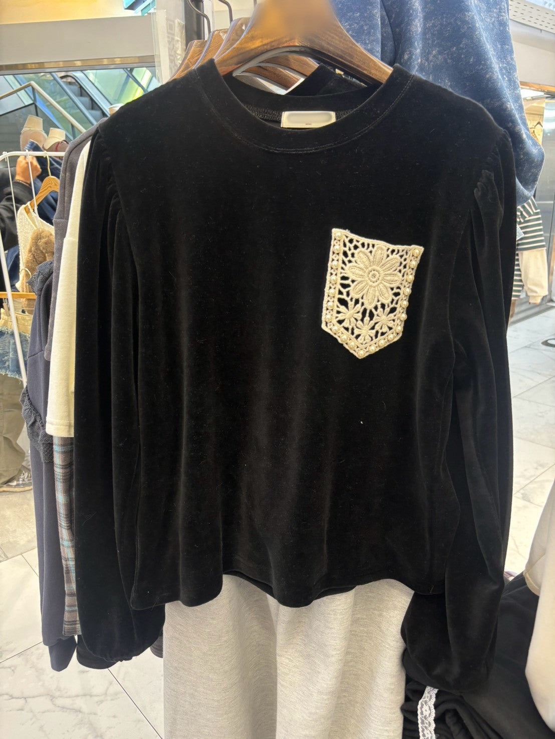 10B209 絨面蕾絲口袋長袖上衣