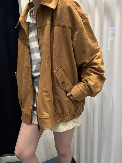 JK1876 麂皮長版拉鍊夾克