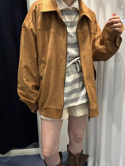 JK1876 麂皮長版拉鍊夾克