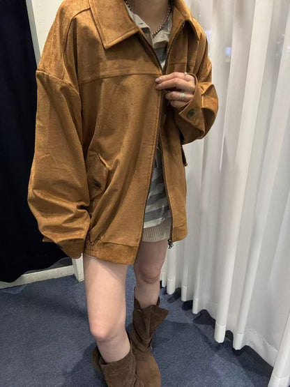 JK1876 麂皮長版拉鍊夾克