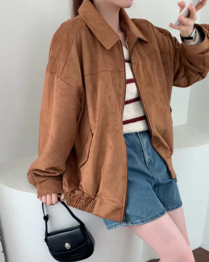 JK1876 麂皮長版拉鍊夾克