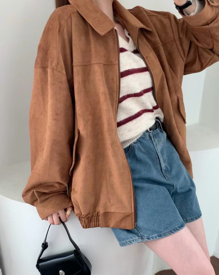 JK1876 麂皮長版拉鍊夾克